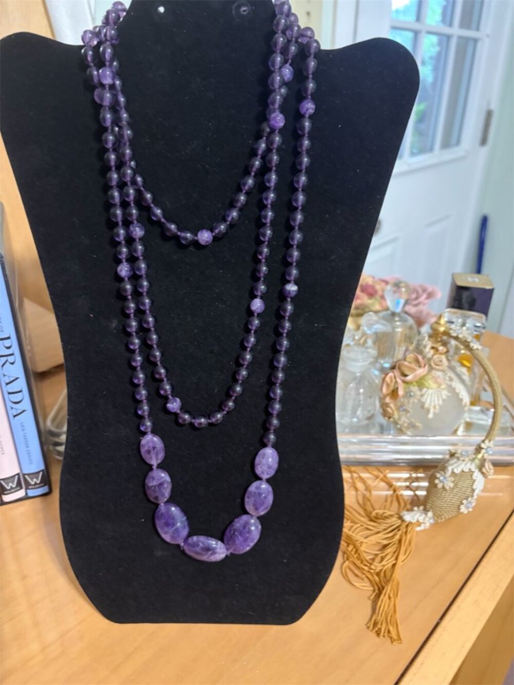 NECKLACE MADE OF PURPLE GLASS BEADS - CAN WEAR TRIPLED - 62 INCHES LONG APX